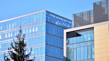 Perspective view to steel and  blue glass. Commercial modern city of future. Business concept of successful industrial architecture. The sunlight falling on the building.