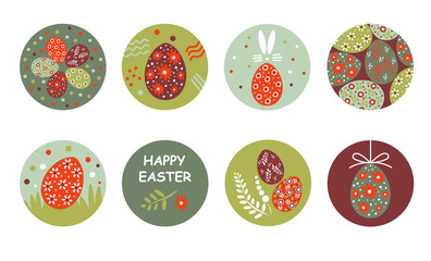 Highlight story cover icons for social media, covers, stickers. Set of round covers with flowers, eggs and other Easter elements. Happy Easter. Flat style. Vector illustration.