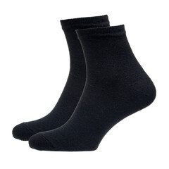 A pair of fabric socks stands on a white isolated background. Volumetric socks on a transparent mannequin. Black men's socks.