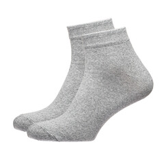 A pair of fabric socks stands on a white isolated background. Volumetric socks on a transparent mannequin. Gray socks.