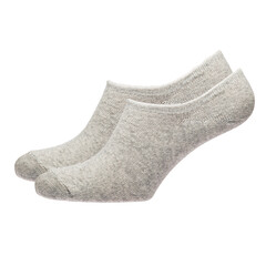 A pair of fabric socks stands on a white isolated background. Volumetric socks on a transparent mannequin.