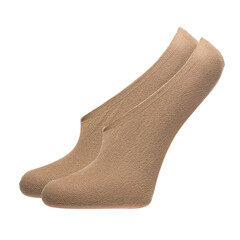 A pair of fabric socks stands on a white isolated background. Volumetric socks on a transparent mannequin. Brown socks.