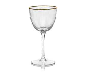Empty transparent glass cup, shot glass, glass for wine, whiskey, cognac, martini, beer, juice and other drinks, isolated on white background. Dishes for bar, restaurant, pub.