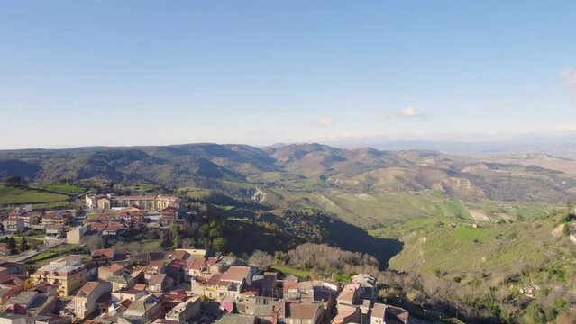 Aerial View of Aidone with the Mount Etna in the Background, Enna, Sicily, Italy, Europe