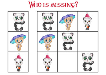 Sudoku game for children with pictures. Kids activity sheet. Cartoon animal