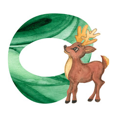 Alphabet with green watercolor fill and cute forest animals .The set is suitable for greeting cards, invitations, for design works,crafts and hobbies.