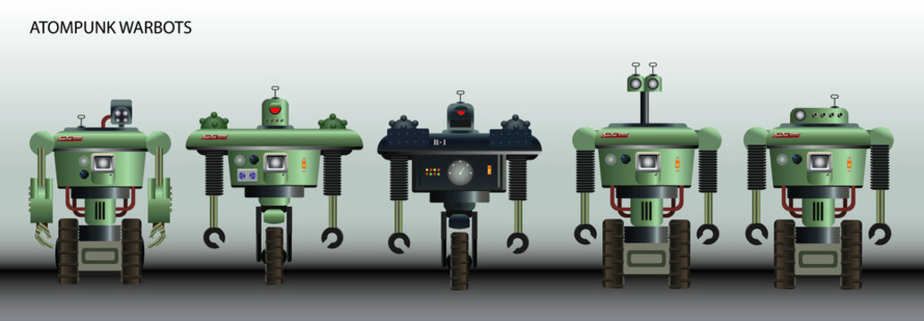 set of retro futuristic 1950 military robots, atompunk warbots, vector illustration