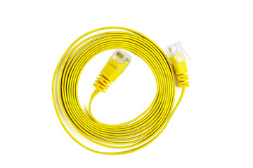 Flat yellow ethernet (copper, RJ45) patchcord isolated on white background