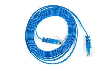 Flat blue ethernet (copper, RJ45) patchcord isolated on white background