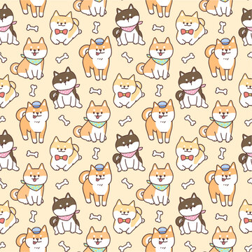 Seamless pattern of cute cartoon shiba inu dog illustration design on yellow background.