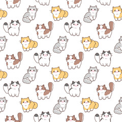 Seamless pattern of cute cartoon cat illustration design on white background.