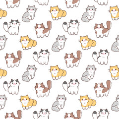 Seamless pattern of cute cartoon cat illustration design on white background.