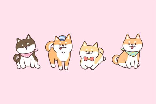 Vector illustration of cute cartoon shiba inu dog characters on pink background.