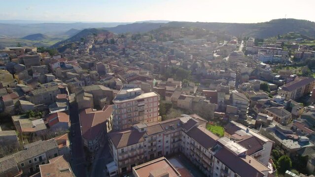 Aerial View of Aidone with the Mount Etna in the Background, Enna, Sicily, Italy, Europe