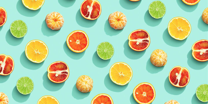 Citrus fruits as bring summer food pattern, grapefruit, orange, tangerine, lemon, lime, red orange with shadow at sunlight on mint background. Healthy fresh fruit food concept. Flat lay