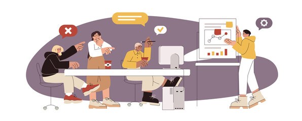 Brainstorm or hackathon concept. Flat teamwork develop creative startup project. Programming team create software development. Business training, seminar or conference in office with graph analysis.