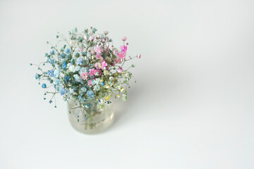 A small bouquet of colored gypsophila in a glass jar