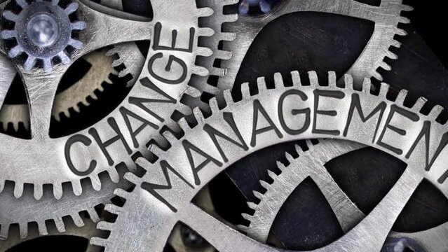 Group of rotating tooth wheels with Change Management sign imprinted on metal surface. High quality 4k video.