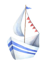Paper boat toy, watercolor illustration isolated on white background. Image for postcard, children's design, poster.