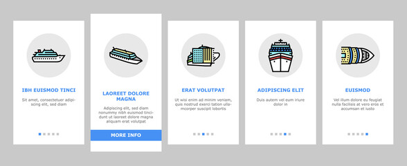 Cruise Ship Vacation Enjoyment Onboarding Mobile App Page Screen Vector. Cruise Casino And Music Themed, Liner Transport For Voyage On River In Ocean, Tropical And Caribbean Marine Trip. Illustrations