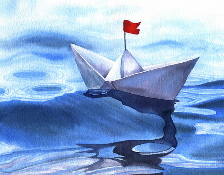 The paper boat floats in the sea. Hand drawn watercolor illustration isolated on white background. Image on the theme of tourism for a postcard, poster, print, children's design.