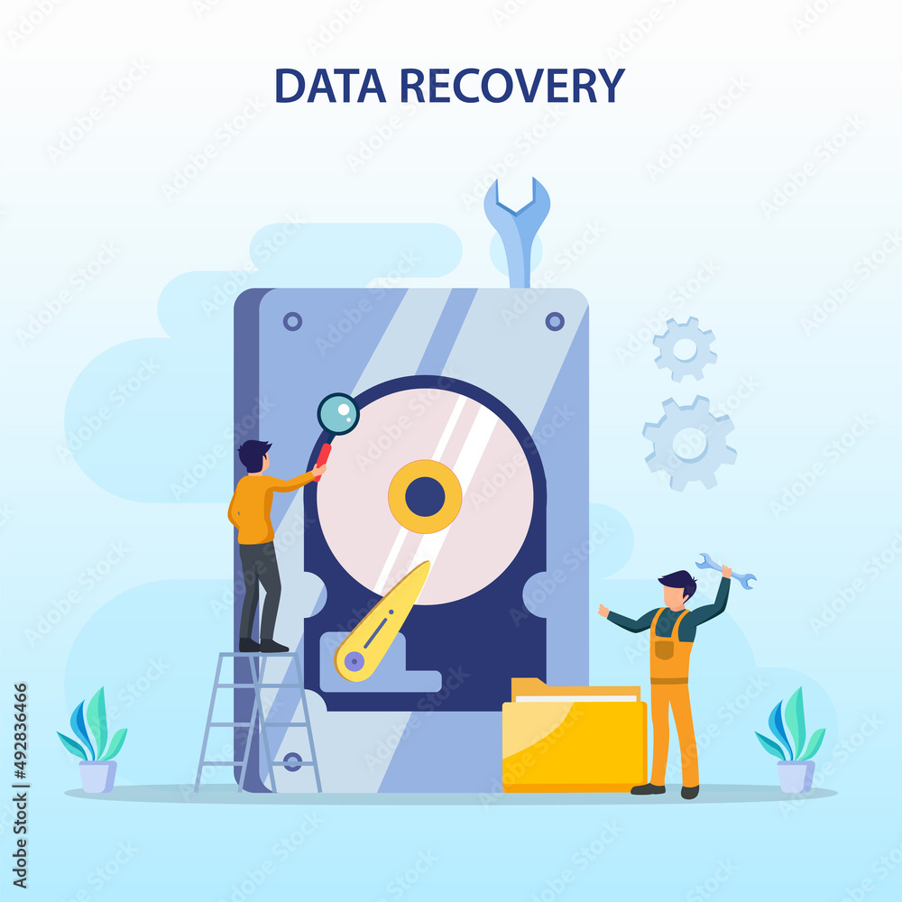 Poster flat vector concept of data recovery services, data backup and protection, hardware repair.