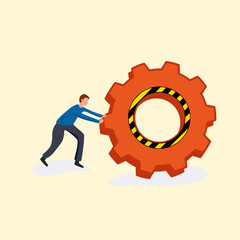 Man pushing big gear. concept of business. illustration