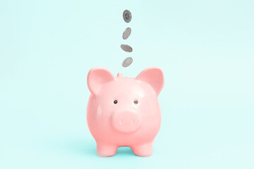 Piggy bank on blue background, budgeting concept