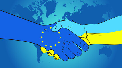Ukraine and European Union make an arrangement. Handshake Ukraine and EU. Ukraine–EU relations.  - obrazy, fototapety, plakaty