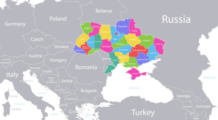 Ukraine map with individual regions colored and capital city, with individual neighboring states with names vector