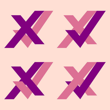 Four variants of the logo using a crosshair and a checkmark. A simple design image of the symbols of refusal and consent, for and against, yes and no. Vector.