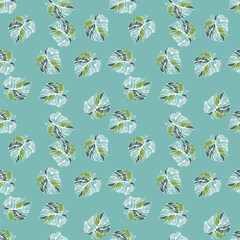 Hand drawn embroidery monstera leaves tropical seamless pattern. Palm leaf endless wallpaper.