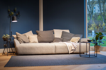 cozy inteligent grey sofa placed by french window cold color scheme