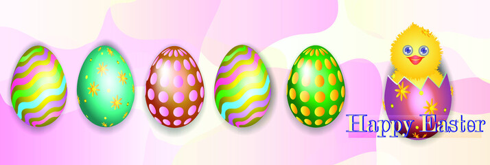 Happy easter banner design with colored eggs and chick
