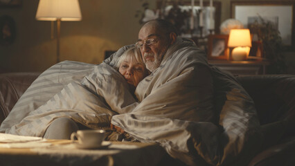 Upset senior husband and wife embracing each other and speaking under warm duvet while sitting on...