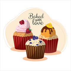 Muffins and cupcakes with raspberries, chocolate and orange, blueberries. Baking with love. Cafe menu, postcard