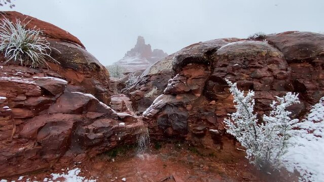 Snow falling on red rocks in Sedona Arizona