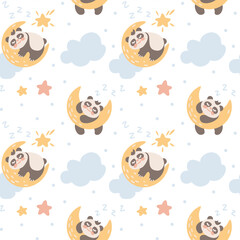 Cute baby panda sleeps on the clouds. fantasy baby print. Seamless pattern. Vector.