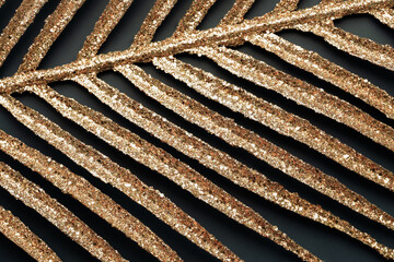 Gold glitter palm leaf on black background. Luxury vacation banner. Fancy tropical holiday