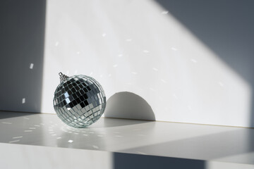 Disco ball in sunlight with reflections on white background. Geometric shadows