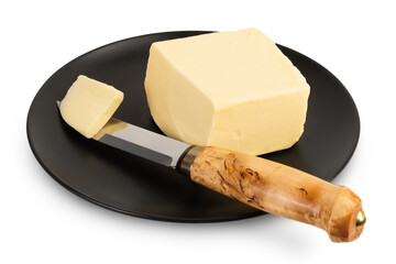 butter slices in black plate isolated on white background with clipping path and full depth of field