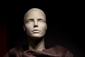 Mannequin is woman. Head is white. Figure of man.