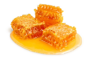 Honeycombs and honey puddle isolated on white background with clipping path and full depth of field