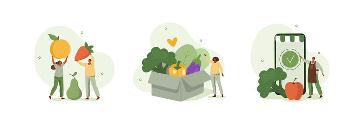 Healthy eating illustration set. Character buying fresh organic fruit, vegetables in online grocery shop and receiving veggie box delivery. Local production support concept. Vector illustration. - 492841813