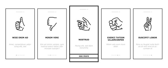 Hand Gesture And Gesticulate Onboarding Mobile App Page Screen Vector. Attention And Pointer Hand Gesture, Thumb Up And Down, Touch With Finger Handshake, Gesturing Love Peace Line. Illustrations