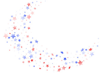 Flying red blue white star sparkles on white vector american patriotic background.