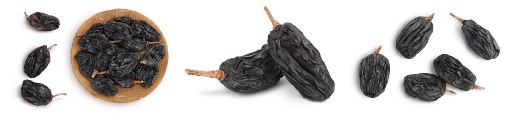 Black raisin isolated on white background with clipping path. Top view. Flat lay. Set or collection