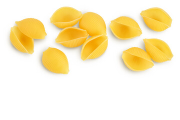 Raw conchiglie shell pasta isolated on white bachground with clipping path and full depth of field. Top view with copy space for your text. Flat lay
