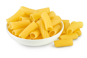 raw italian Rigatoni pasta in ceramic bowl isolated on white background with clipping path and full depth of field