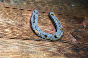 old horseshoe and rake on a wooden door